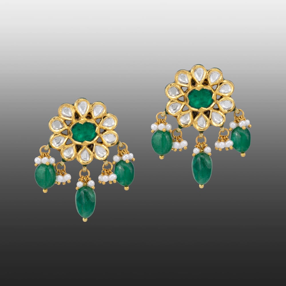 Green Talaf Floral Studs with Polkis, Emerald and Pearls
